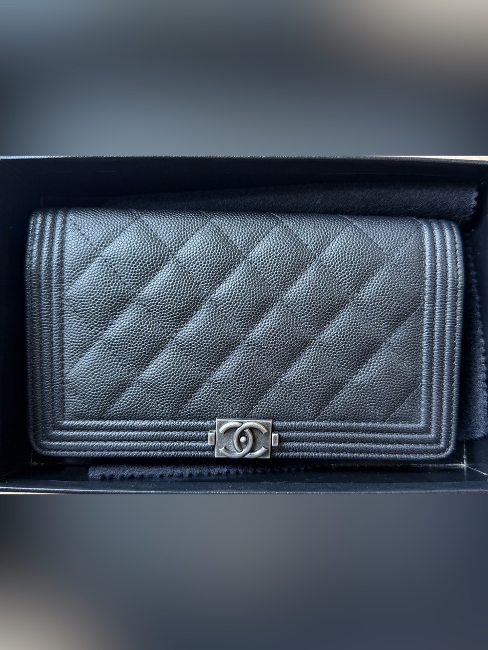 CHANEL Black Quilted Caviar Leather Boy Long Wallet